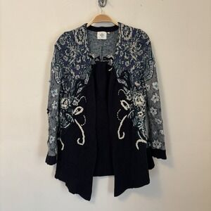HWR Anthropologie‎ Cardigan Emma Sweater M Embroidered Cottagecore Blue Fairy